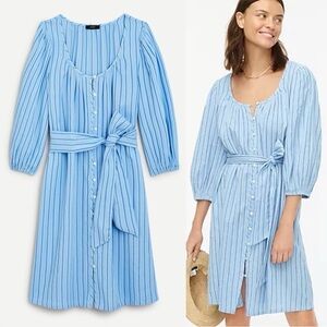 J. Crew Balloon Sleeve Tie Waist Cotton Dress in Blue Pinstripe size Medium